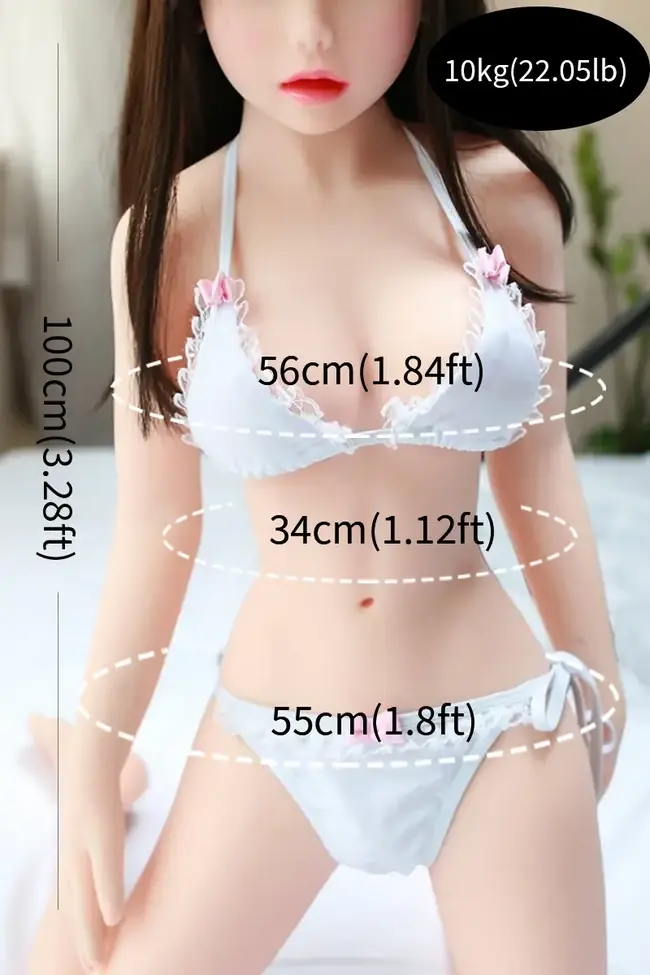 Petite TPE love doll showing actual size next to a 5-foot human silhouette, USA stock available