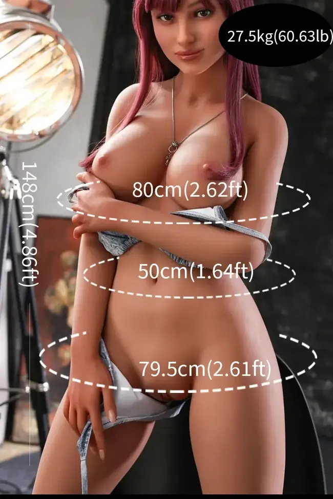 Realistic TPE sex doll showing size chart measurements for accurate body dimensions