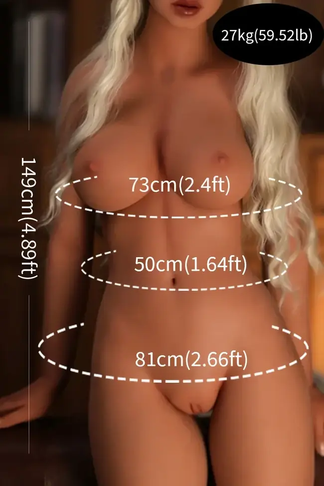 Size chart for TPE love doll showing model height and proportions