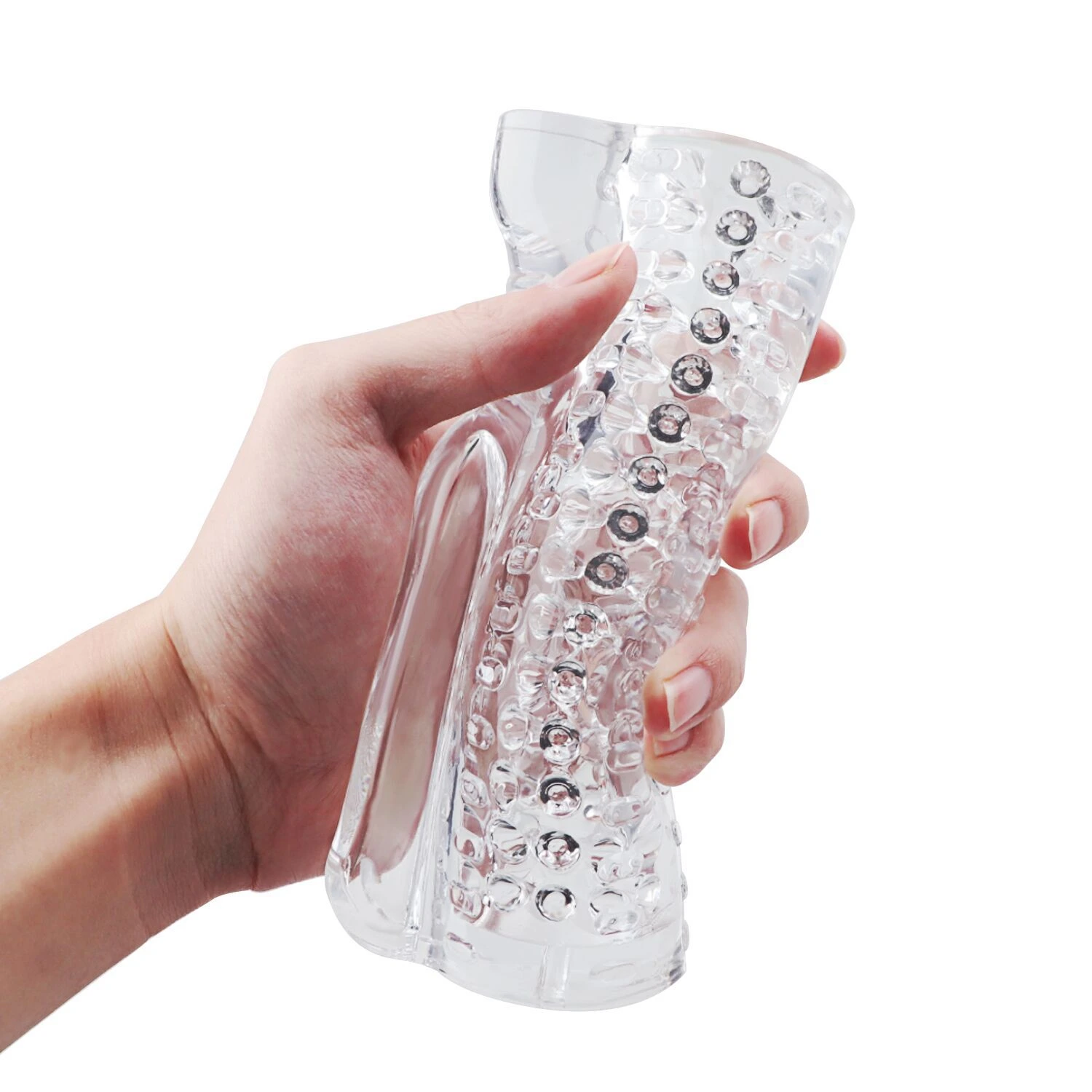 Clear transparent male masturbator smooth TPR adult toy close-up pink interior