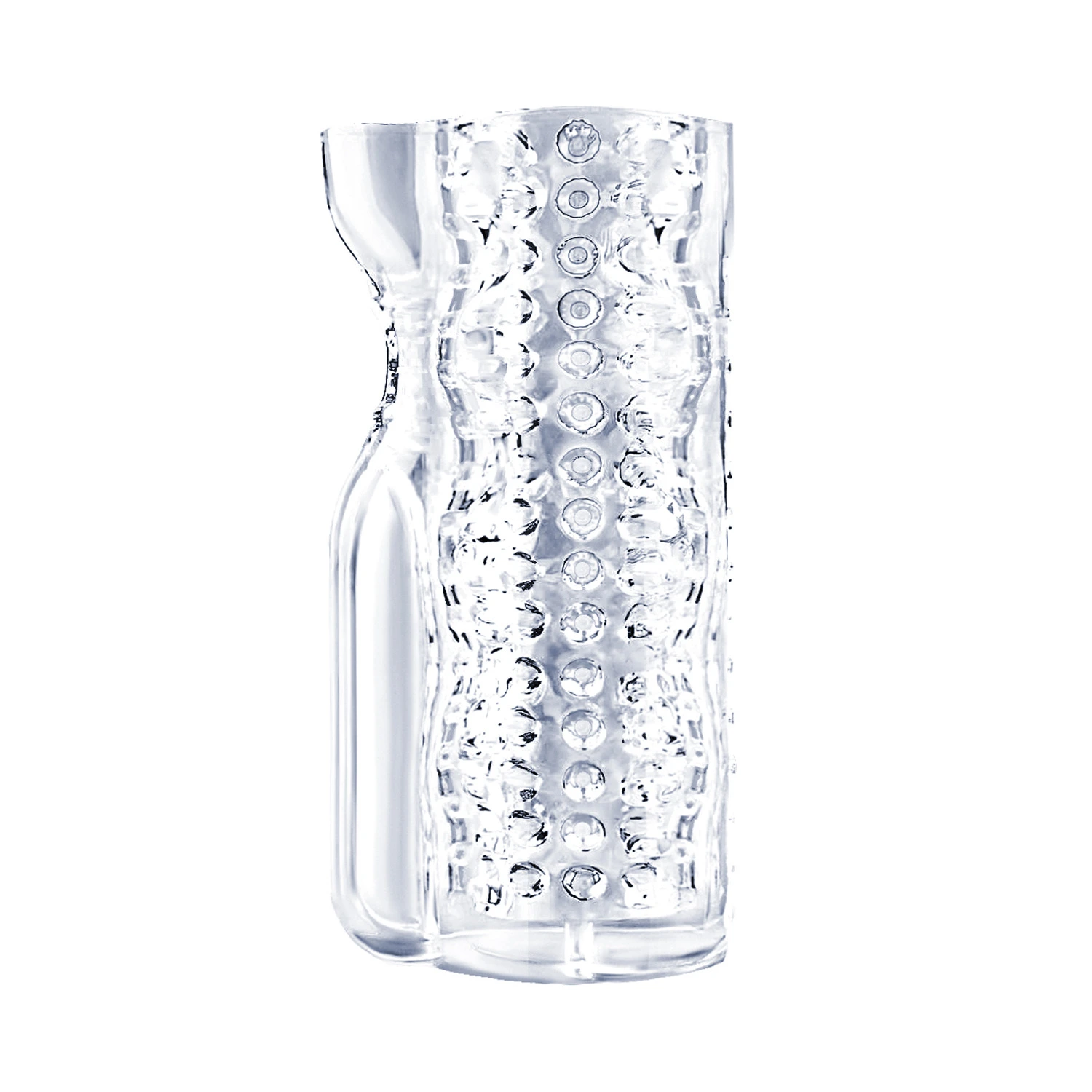 Transparent male masturbator clear TPR penis trainer curved ergonomic design detailing
