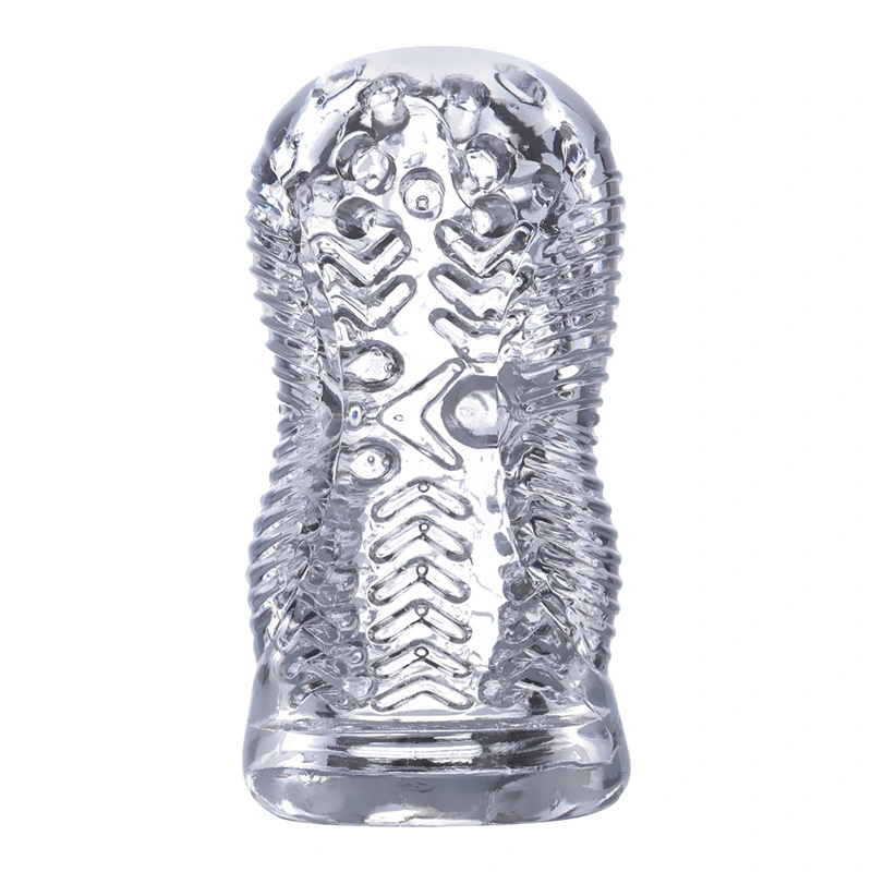 Clear TPR masturbator held horizontally, soft texture for intimate training pleasure