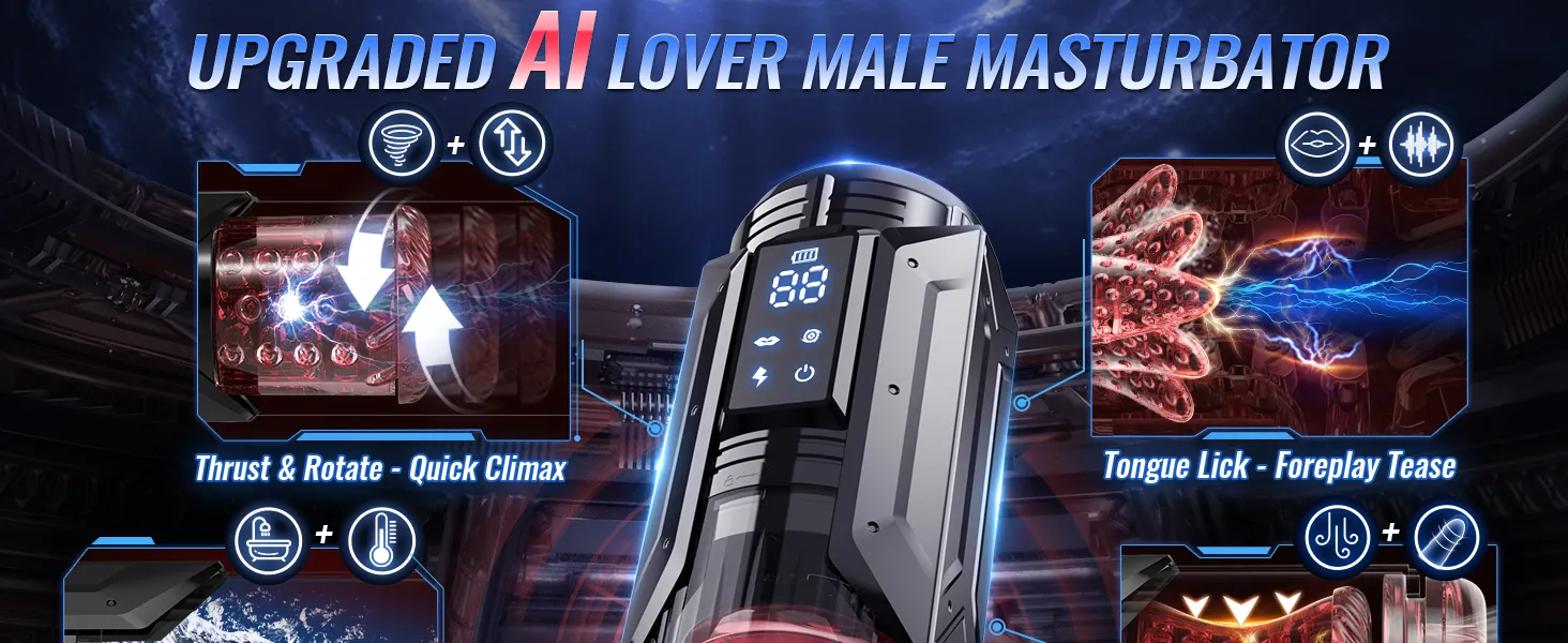 AI Sync waterproof male stroker 7 licking modes adult toy front view