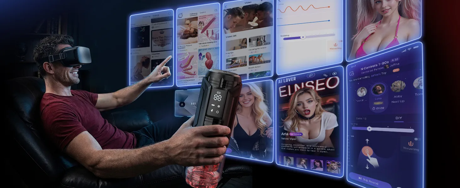 Versatile male masturbator with textured sleeve and LED-lit control panel